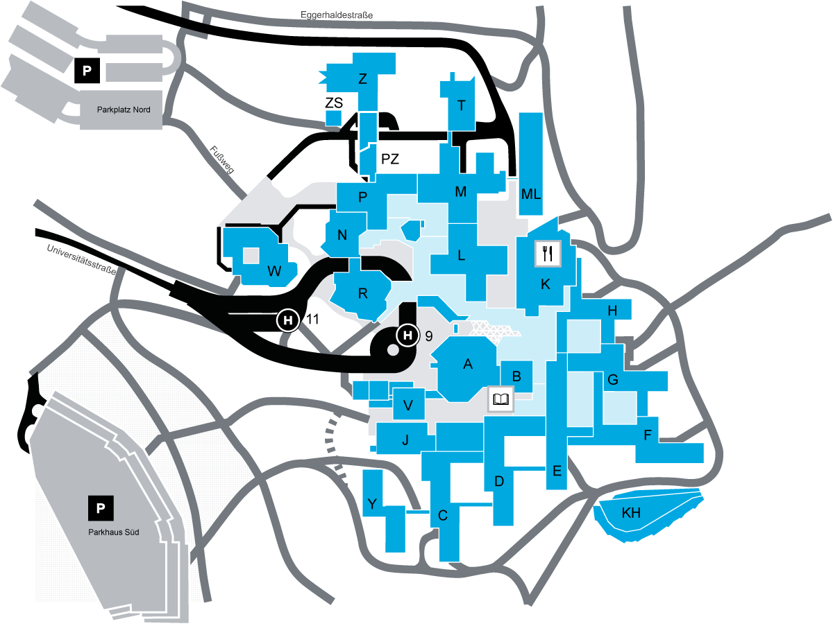 Lageplan des Campus der Universität mit Gebäudekennzeichnung